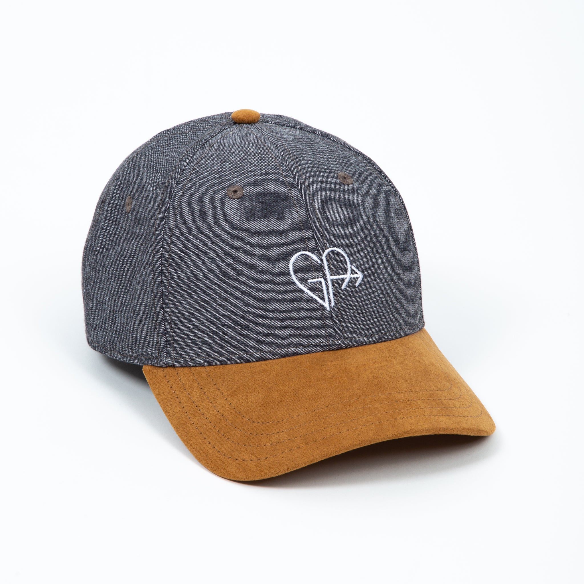 GA heart logo two tone suede and grey hat front Galey Alix