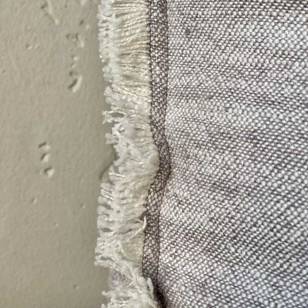 Five shades of grey textured throw pillow with fringe border fabric close up Galey Alix