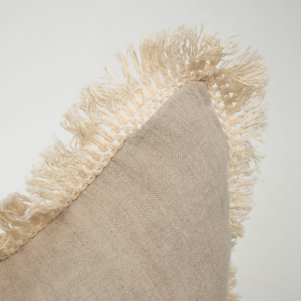 Laced with love multi textured oat colored pillow with lace fringe border close up product shot Galey Alix 