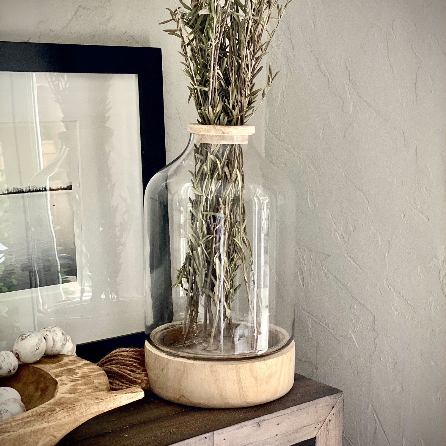 Let me be clear oversized glass vase with natural wood accents Galey Alix 