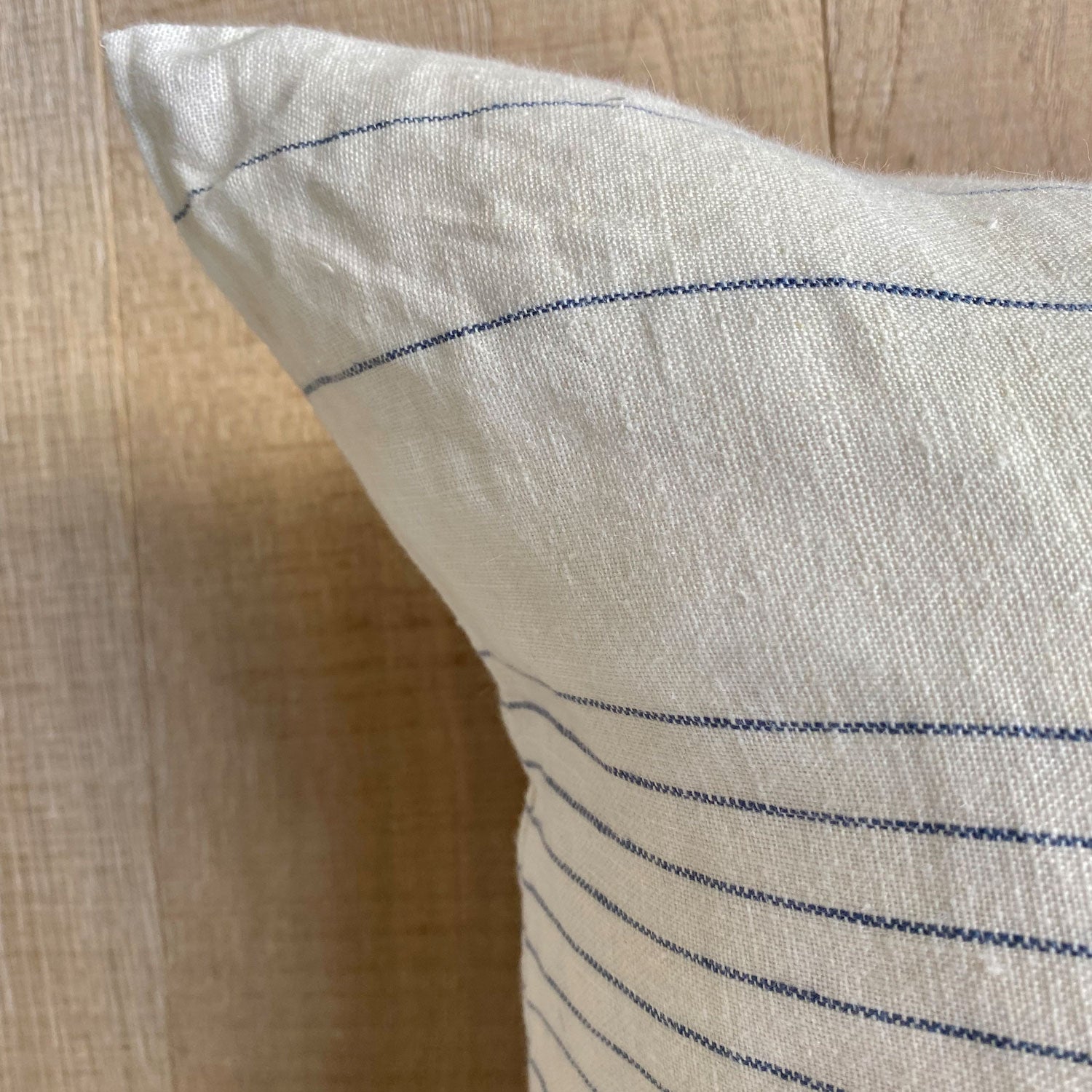 Lined with love multi lined oat and navy colored throw pillow fabric close up Galey Alix