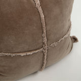Tic tac throw velvet and oat colored embroidered throw pillow fringe detail Galey Alix