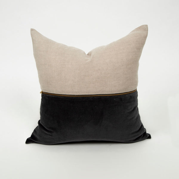 Two way street navy velvet and light linen throw pillow with zipper product shot Galey Alix